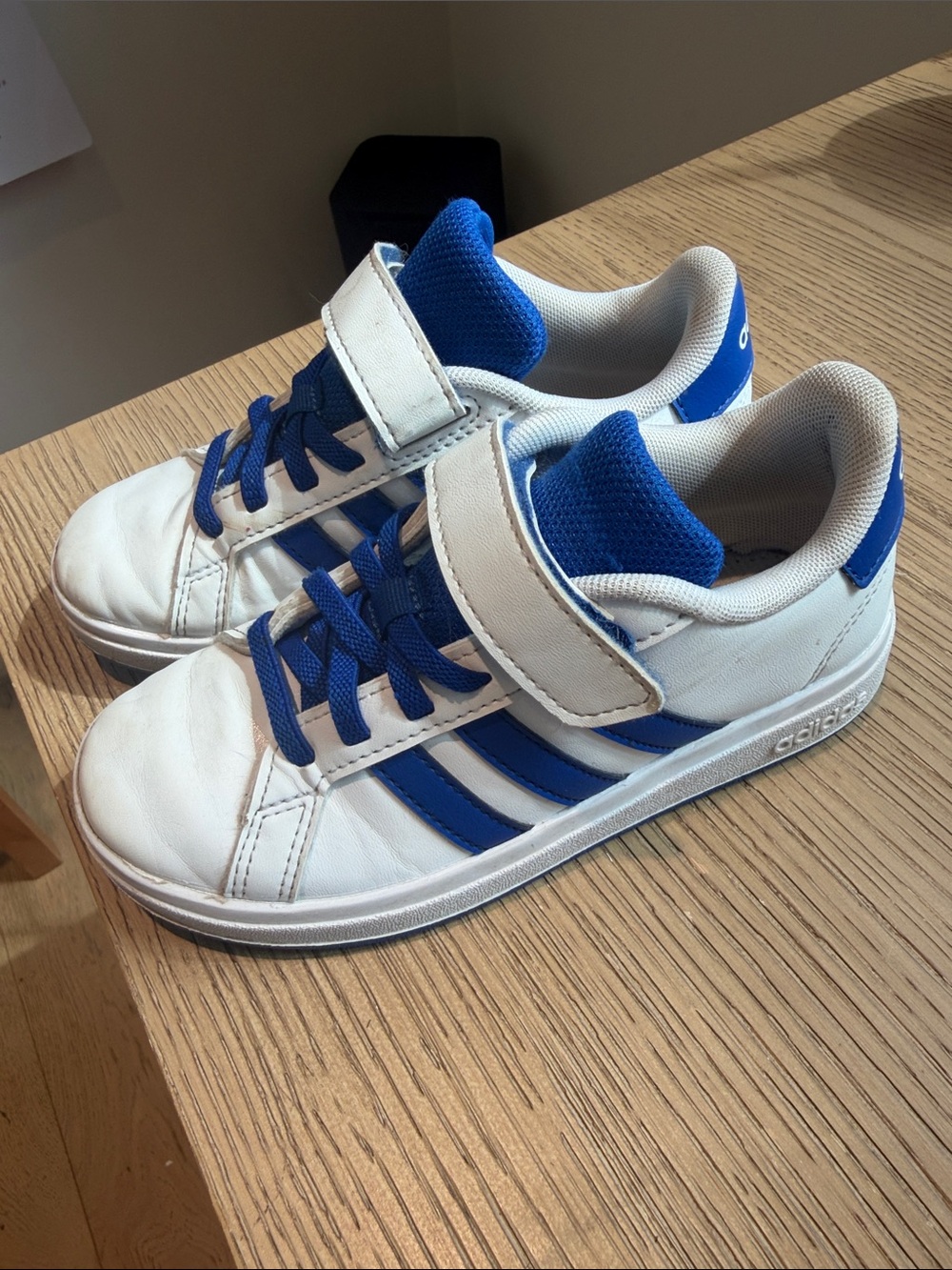adidas White and Blue Kids Velcro Strap Sneakers